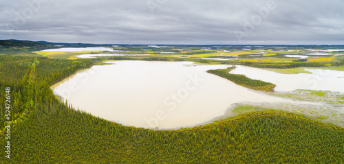 Aerial view over a landscape with wetlands and boreal forests in eastern Alaska 