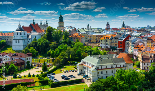 Lublin, Lubelskie Voivodeship / Poland - July 24 2022: View of the old town from the castle tower of the royal castle in Lublin.