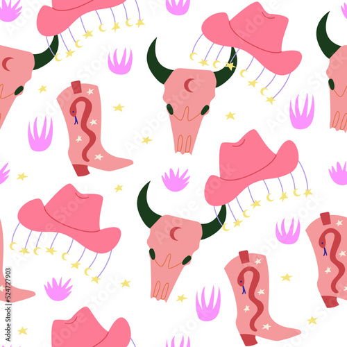 Seamless pattern with cowgirl disco accessories. Bull skull, cowboy hat and boots. Vector flat background 