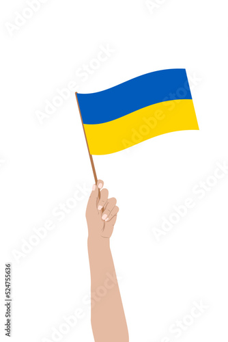 Uniesiona ręka z flagą Ukrainy. 24 Sierpnia - Dzień Niepodległości Ukrainy. Stop wojnie i przemocy. Wsparcie dla Ukrainy.