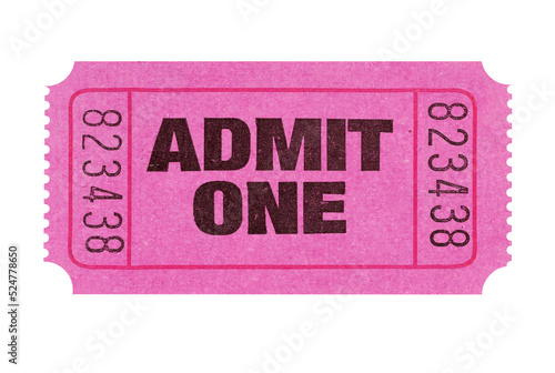 Pink admit one movie ticket single flat isolated transparent background photo PNG file
