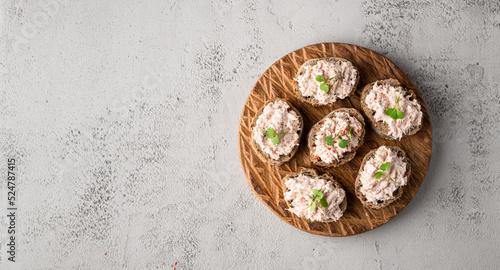 bruschetta with tuna pate, fish rillettes on concrete background, top view, copy space