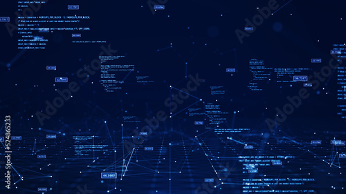 Cybersecurity digital information technology concept. Polygon binary code connected on dark blue background.