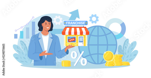 Franchise. Business woman hold store in hand. Person start franchising enterprise, company. Business expansion. Assets management, globalization. Market leadership. Successful shop branch opening