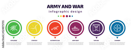 army and war infographic element with icons and 6 step or option. army and war icons such as explosion, strategy, automatic gun, army boat, torture, chamber vector. can be used for banner, info
