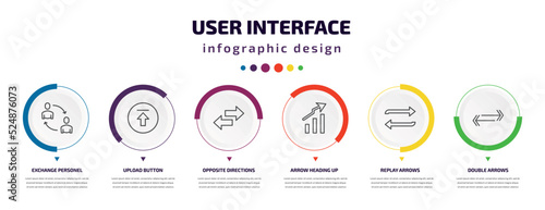 user interface infographic element with icons and 6 step or option. user interface icons such as exchange personel, upload button, opposite directions, arrow heading up, replay arrows, double arrows