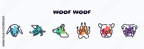 woof woof outline icons set. thin line icons such as female sheep head, wild octopus, doberman dog head, canine pawprint, face of staring dog, bulldog head icon collection. can be used web and