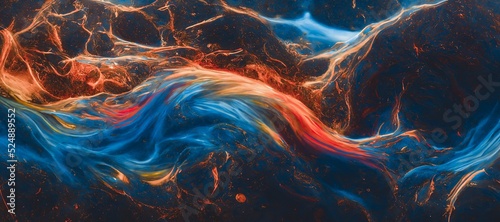 Spectacular image of blue and orange liquid ink churning together, with a realistic texture and great quality. Digital art 3D illustration.