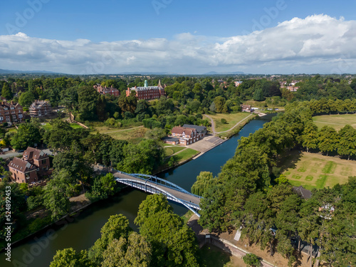 An aerial view of the Kingsland Bridge spanning the River Severn in Shrewsbury, Shropshire, UK