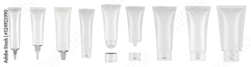 Set of white tubes and bottles. Roller ball tube. Open and closed blank tubes with screw cap. Realistic mockup. Long nozzle tube. Ointment or salve. Gel serum. Korean packaging