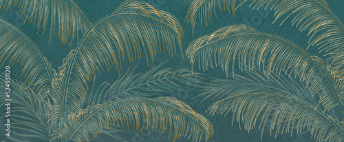 Luxury art background with tropical palm leaves in golden line style. Botanical banner with exotic plants for wallpaper design, decor, packaging, print, textile.