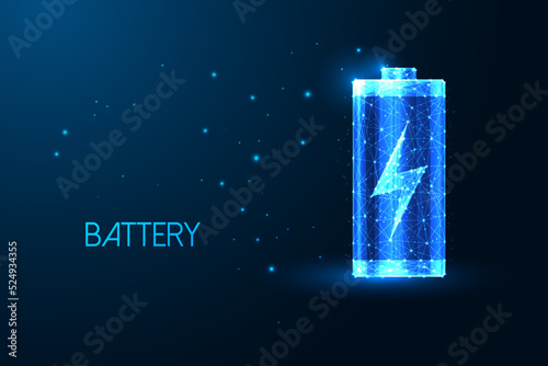 Abstract battery with charging symbol of in futuristic glowing low polygonal style on dark blue 