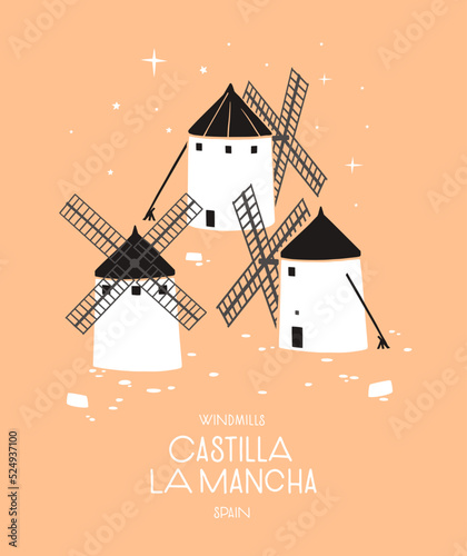 Traditional white mills of the Spanish region of Castile-La Mancha. Design element for souvenir products. Vector illustration isolated.
