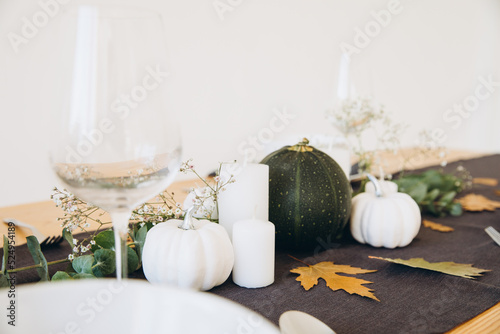 Thanksgiving table setting, tableware and decor, decoration, family holiday. Autumn mockup.