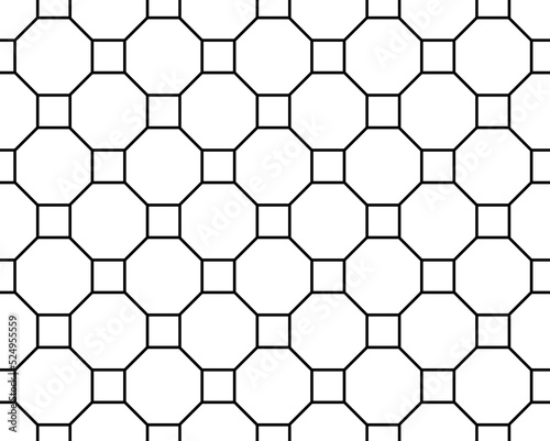 Contemporary tessellated geometric repeating octagon and squares regular grid pattern in black outlines, PNG Transparent Background