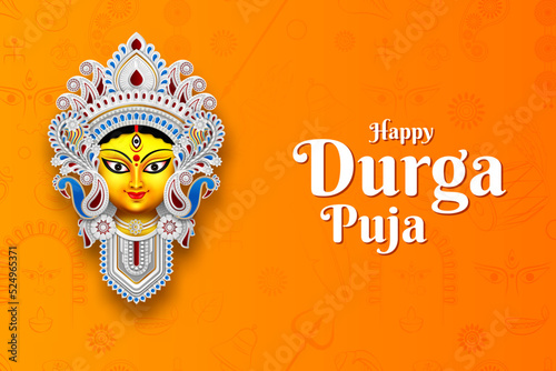 happy durga puja festival banner design in yellow background with goddess durga face illustration