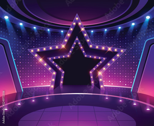 Star podium with lighting. Music stage game background. Show performance