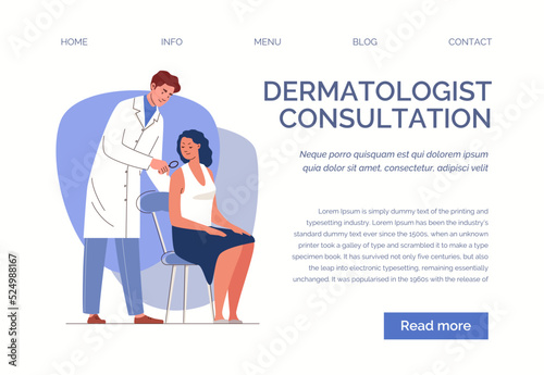 Woman consults withdermatologist. Diagnosis of dermatological diseases. Landing page template. Characters in colored flat vector illustration isolated on white background. 