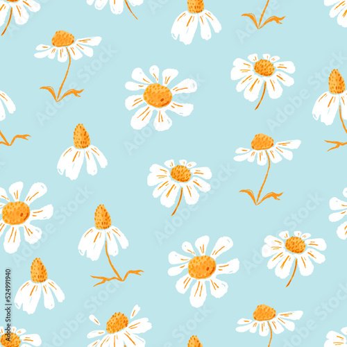 Daisies and petals seamless pattern. Chamomile flowers. Ideal for printing on fabric and paper. Vector background. 