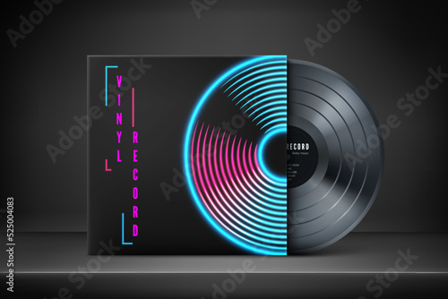 Mock up of vinyl record cover in retro neon colors. Old music album template. Vintage vinyl disk
