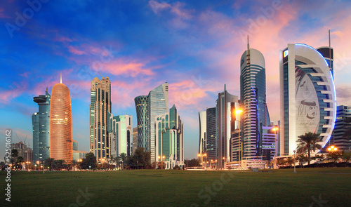 The skyline of Doha, Qatar before sunset