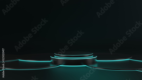 3D render of Cylinder podium with blue neon lights on dark background. podium for technology product presentation. empty dark. neon light display with blank backdrops.