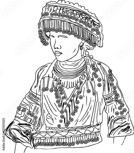 Arunachal Pradesh state India ethnic indian woman girl in traditional costume sketch drawing, Arunachal pradesh girl costume line art vector illustration, Arunachal pradesh Cultural woman clip art
