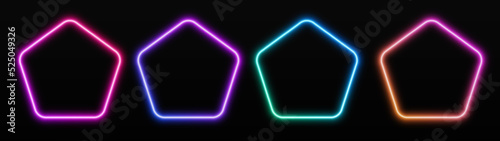 Gradient neon pentagon frames set. Glowing borders isolated on a dark background. Colorful night banner, vector light effect. Bright illuminated shape.