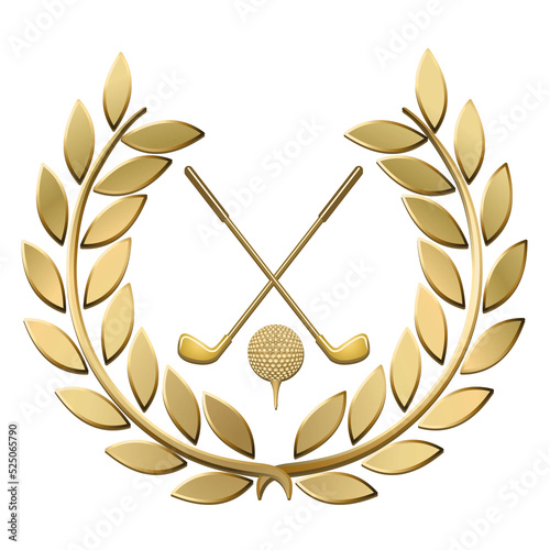 golden laurel wreath with golf symbols on white background