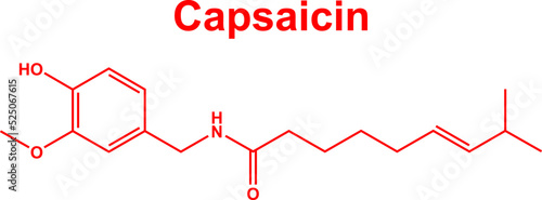 Capsaicin molecule hot chili peppers spice component. Red capsaicin chemical formula