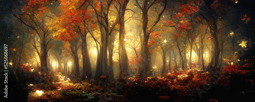 Beautiful autumn forest illustration, colorful fall foliage