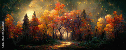 Very beautiful fall forest at night with an epic fall foliage