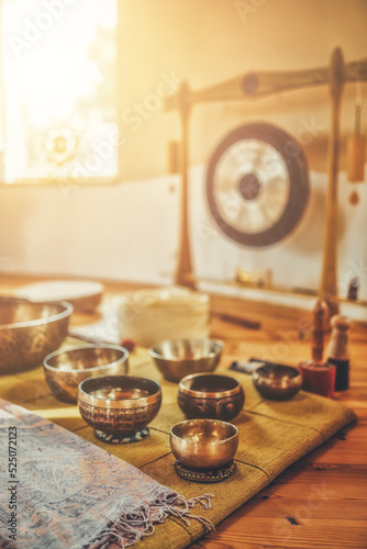 beautiful tibetan bowl and gong , ceremonial space.