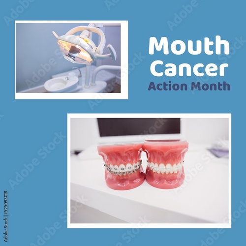 Lighting equipment, dentures at dentist's office with mouth cancer action month text, copy space