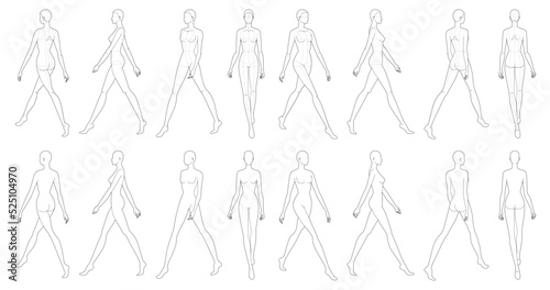 Set of Walking women Fashion template 9 nine head female with and without main lines for clothes technical drawing. Lady figure front, side, 3-4, back view. Vector sketch isolated outline girl