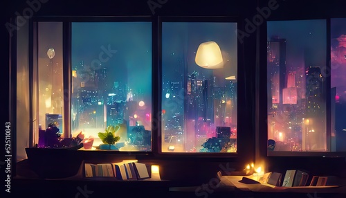 Window view of a city at night. Lofi, anime, manga style. Desk to study. Chill, cozy, comfortable room. Messy place. Relaxed colorful appartment, tranquil digital painting. 4k wallpaper, background.