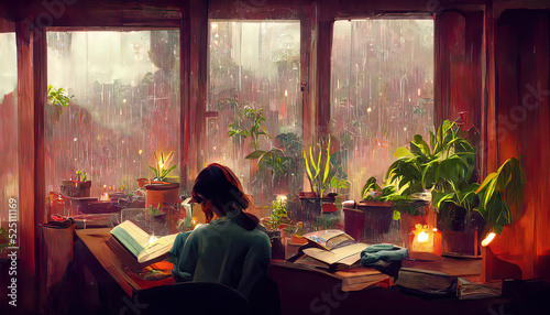 Lofi Girl studying at her desk. Rain ourside, beautiful chill, atmospheric wallpaper. 4K background. lo-fi, hip-hop style. Anime manga style.