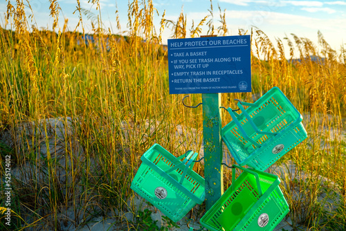 Baskets for trash at Burkes Beach on Hilton Head Island in South Carolina.