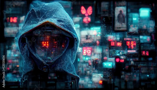A dangerous hacker in a hood is hacking into data servers. The concept of cyberwar hackers with a hood of the dark web. 3d render