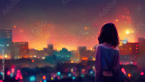 Anime girl looking at a city by night. Cute woman looking at the cityscape by night time. A sad, moody. Manga, lofi style. Happy beautiful background. 4K city with buildings.