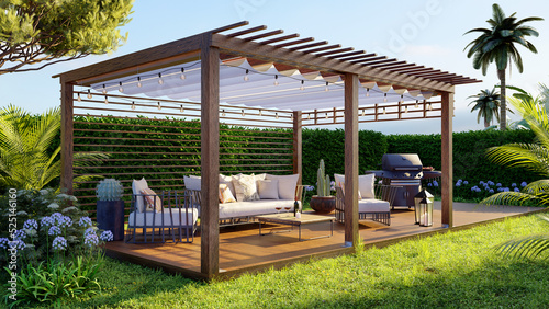 3D illustration of teak wooden outdoor pergola in garden