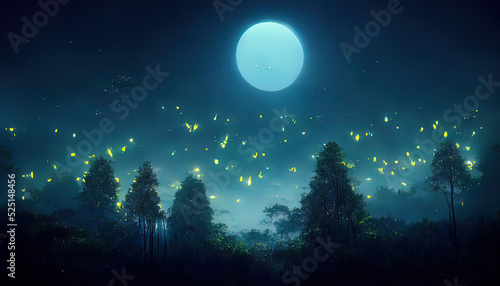 Fireflies, night forest landscape. Digital painting, 4k, high quality. Insects in forest at night. Tall trees, grass, yellow lights. Beautiful scenery, high quality firefly