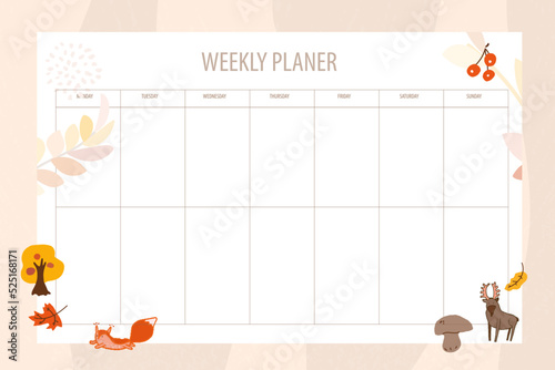 weekly planer blank vector background with autumn seasonal elements