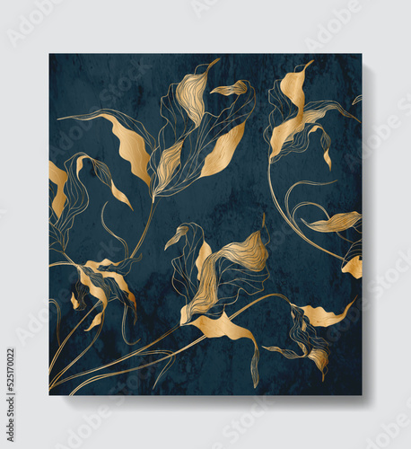 Abstract dark blue art background with exotic flowers in gold line. Hand drawn botanical print in watercolor style for decoration, print, wallpaper, packaging, textile.