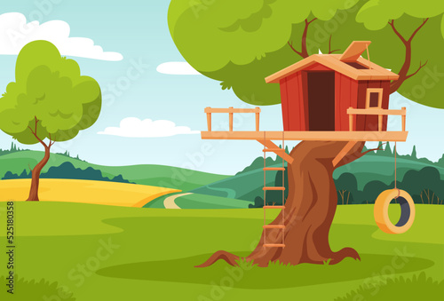 Tree house. The childrens house is built on a tree. Childrens games in nature. Vector illustration