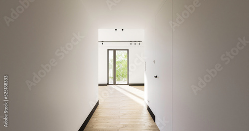 Wnętrze, pusty pokój z białymi ścianami i czarnymi dodatkami. Nowoczesna podłoga, zieleń za oknami. 3d rendering. Wizualizacja 3d.