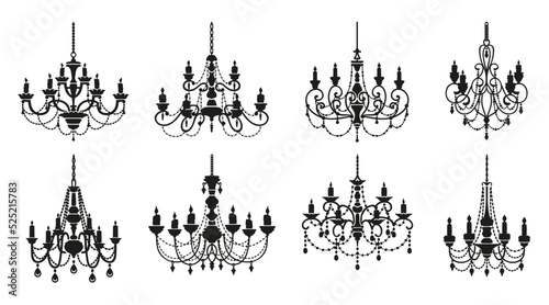 Chandelier silhouettes, candelabra with candlesticks and crystal lamp lights, vector icons. Vintage baroque chandelier lamps or royal lampshades with candles and crystal pendants in black silhouettes