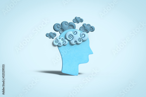 Head with stylised blue clouds, brain fog, long covid, depression, mental disorder, confusion, loss of concentration, dementia concept. 3D illustration