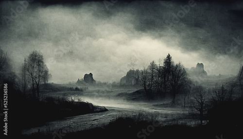 Gloomy atmospheric dark realistic landscape. Mystic, horror, spooky, dramatic scene. 3D illustration.