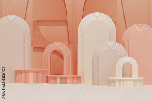 Minimal scene with arch podium and abstract background.White and beige , pink colors scene. Trendy 3d render for social media banners, promotion, cosmetic product show. Geometric shapes interior. 